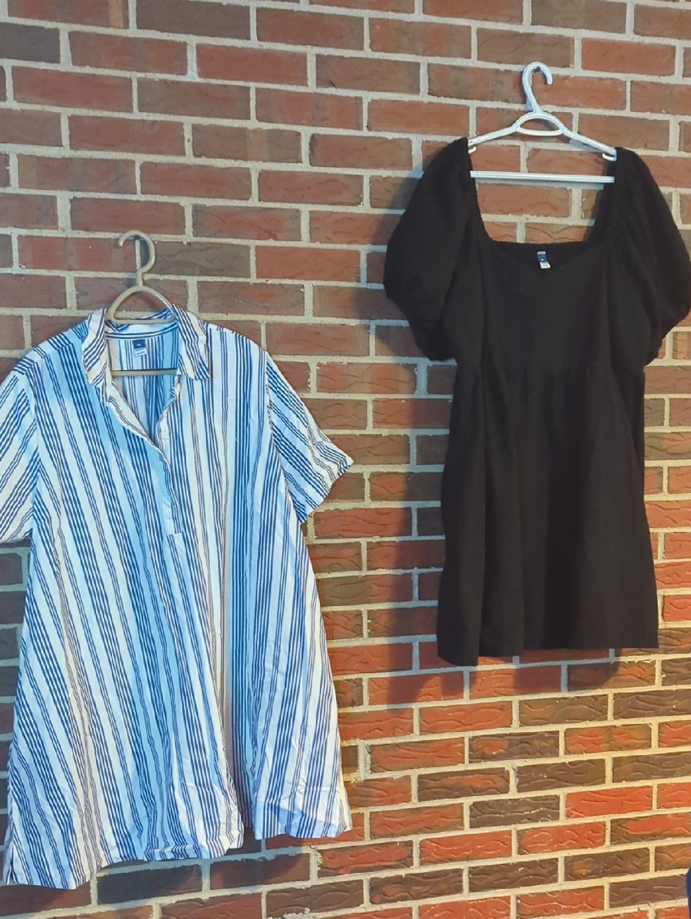 Striped Blue & White Button Shirt + Black Puff Sleeve Dress